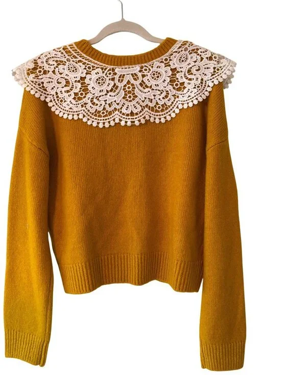 Maeve By Anthropologie Mustard Cardigan With Lace Collar Floral Buttons Size M - Picture 4 of 14